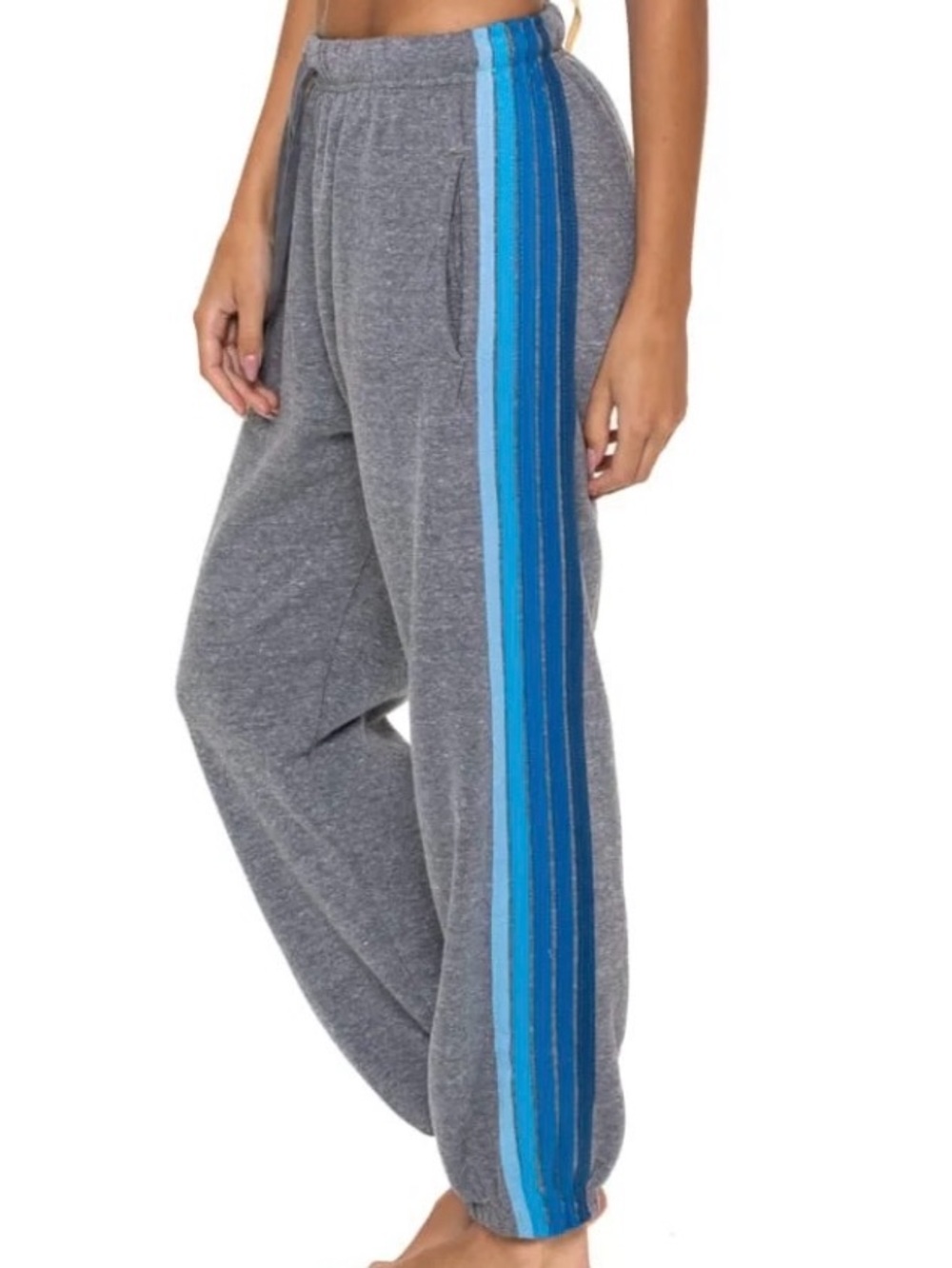 Aviator nation women’s sweatpants with colorful blue logo stripes on one leg